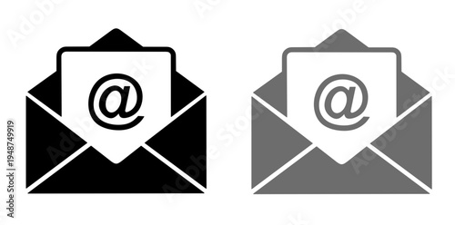 Set of email icons featuring open envelopes with at symbol on paper documents in black and gray color flat design