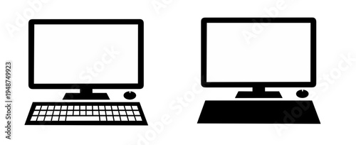 Desktop computer workstation icon set featuring monitor keyboard and mouse in outline style for technology digital workspace and office equipment