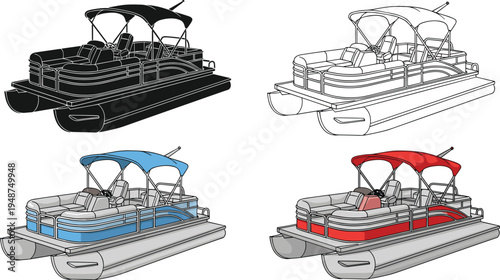 Pontoon boat vector illustration set with outline and colored versions, recreational watercraft design for lake leisure transport marine vehicle icon
