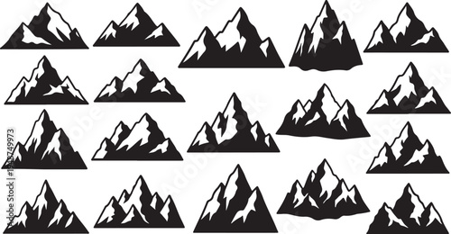 Black and white mountain range icons in simple style