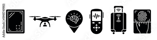 Set of black silhouette icons representing advanced technology such as a smart mirror, drone, and biometric security.