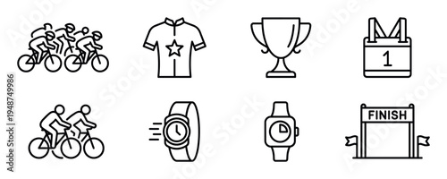 Various line art icons depict elements of a cycling race, including riders, gear, awards, and timing devices.