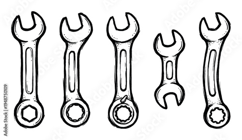 Set of five hand-drawn wrenches in various sizes and styles, depicted in a detailed sketch illustration for mechanical work.