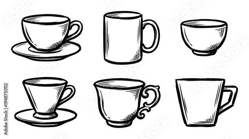 Assortment of hand-drawn illustrations featuring various styles of cups and mugs, ideal for beverage, coffee, tea, and kitchen-related designs.