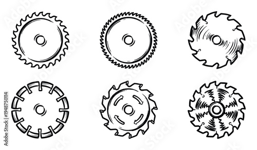 Hand-drawn circular saw blades with various tooth designs, illustrating different cutting tools for woodworking and construction projects.
