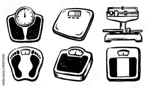 Collection of various hand-drawn style weighing scales, including bathroom scales and a traditional balance scale, are depicted.