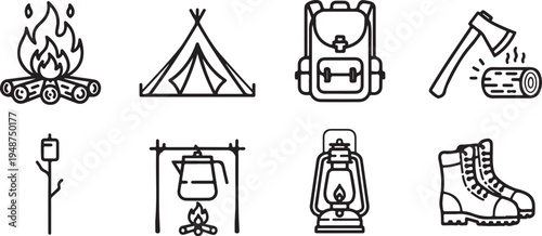 Illustrations of camping equipment and activities for outdoor adventures Vector