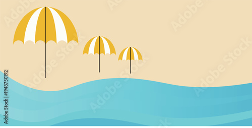 Top view beach background with yellow umbrellas and ocean waves under soft pastel tones. Ideal for summer designs and vacation promotions.