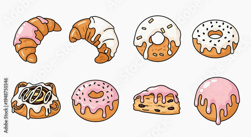 An assortment of colorful donuts and a croissant are displayed on a table.