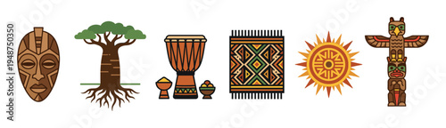 Vibrant collection of traditional cultural symbols including an African mask, baobab tree, djembe drums, patterned rug, sun, and totem pole.