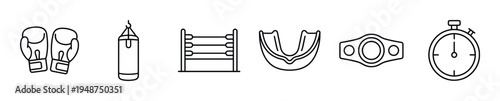 Set of boxing and combat sport icons, featuring gloves, a punching bag, ring, mouthguard, championship belt, and stopwatch, all in a clean outline style.