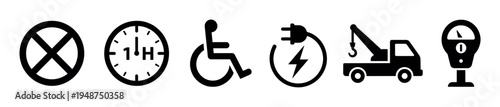 Collection of black silhouette icons illustrates various traffic, parking, and accessibility regulations and services.