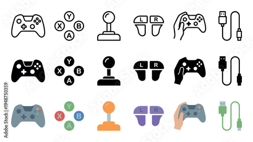 Comprehensive collection of gaming controller icons in outline, solid, and colorful styles, featuring gamepads, joysticks, buttons, and USB cables.