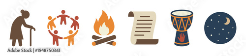Collection of colorful flat design icons represents an elderly woman, community, campfire, scroll, drum, and night sky.