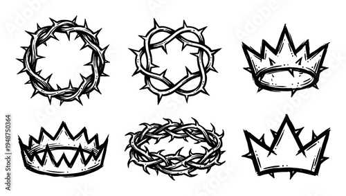 Stylized black and white illustrations depict various crowns and thorn wreaths with a hand-drawn, engraved aesthetic.