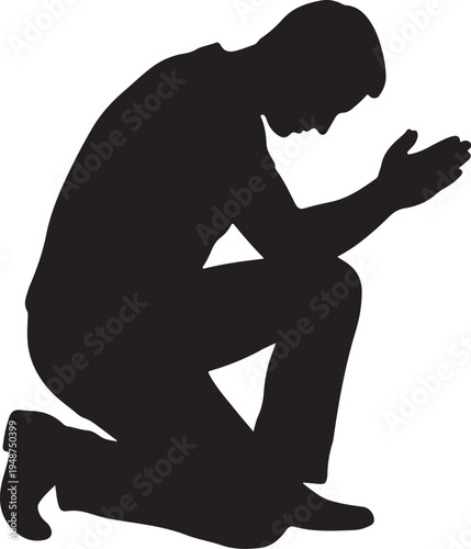 Silhouette of a Man Kneeling in Prayer Isolated on White Background