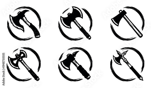 Collection of six distinct axe icons rendered in a dynamic grunge brush stroke style, each encircled by a textured ring.