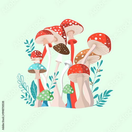 Minimalist flat vector illustration of colorful wild mushrooms and forest plants, toadstools with spots on a mint green background, boho nature concept.