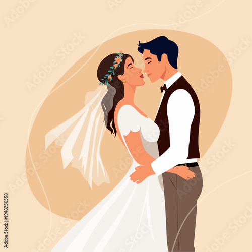 Minimalist flat vector illustration of a romantic wedding couple, bride and groom embracing and about to kiss, boho style marriage concept on an abstract warm background.