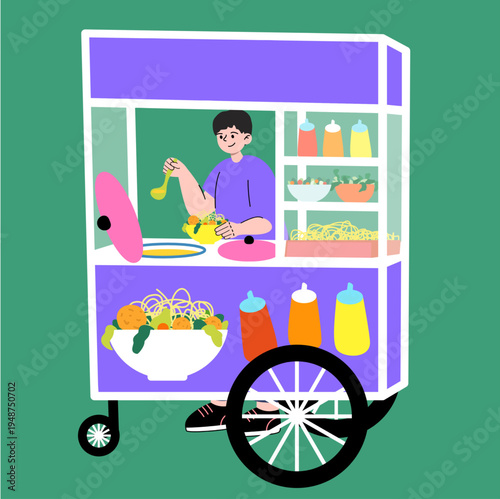 Flat Illustration of a Street Food Vendor Serving Meatball Noodle Soup from a Purple Food Cart