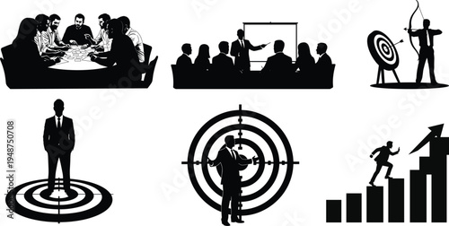 Business success concept silhouettes meeting presentation target achievement leadership teamwork strategy growth goals corporate vector illustration set