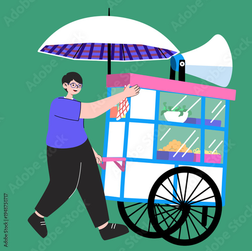 Flat Illustration of a Street Food Vendor Pushing a Blue Food Cart with a Megaphone and Umbrella