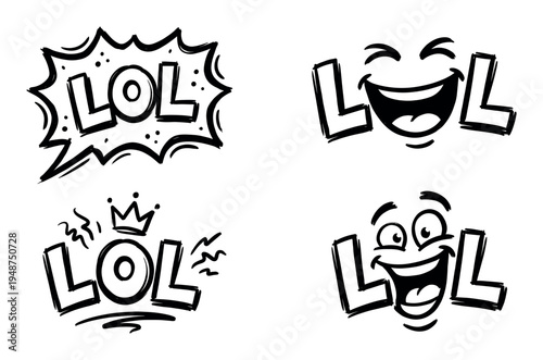 Four hand-drawn 'LOL' expressions depicting various humorous reactions and internet slang for laughter, perfect for digital communication themes.