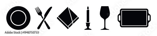 Collection of black silhouette icons representing various dining and restaurant elements, including a plate, cutlery, napkin, candle, wine glass, and serving tray.