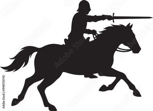 Silhouette of a Medieval Knight Charging on Horseback with a Sword