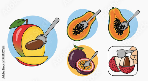Illustration of various fruits with spoons on plates indoors