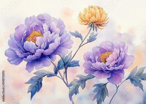 Delicate watercolor of two large purple peonies and a golden chrysanthemum on graceful stems with soft pastel background, evoking serenity and gentle elegance