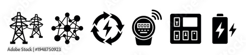 Collection of black silhouette icons representing modern energy concepts, smart grid technology, and power distribution.