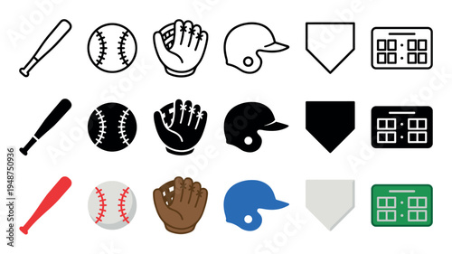 Comprehensive set of baseball icons featuring bats, balls, gloves, helmets, home plates, and scoreboards in three distinct styles.