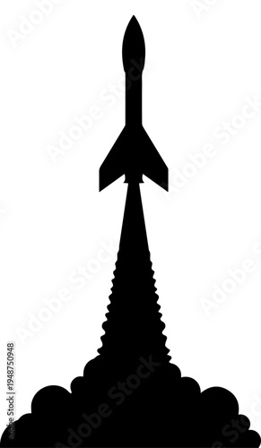 Black Rocket Silhouette Launching with Smoke Trail and Exhaust Clouds Isolated on White Background