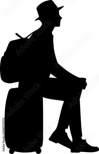 Silhouette of a male traveler sitting on a suitcase with a backpack and hat, waiting for departure, travel concept vector illustration