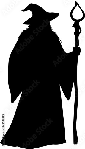 Black Silhouette of a Fantasy Wizard or Sorcerer in Robes Holding a Magical Staff