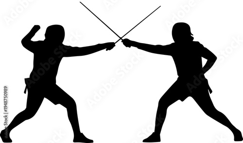 Black Silhouette of Two Fencers Engaged in a Sword Duel Isolated on White Background
