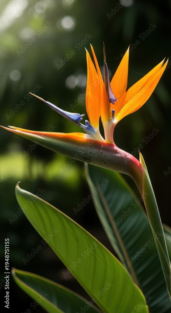 Obraz premium Vibrant Bird of Paradise Flower in Lush Garden Setting.