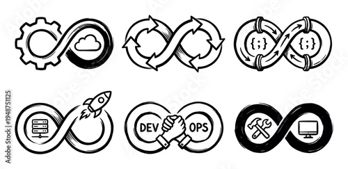 Collection of hand-drawn infinity symbols representing various aspects of DevOps, continuous integration, and software development.
