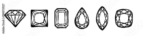 Collection of hand-drawn brush stroke outlines depicting various elegant gemstone cuts and diamond shapes, perfect for jewelry design.