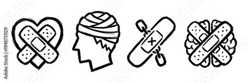 Hand-drawn icons illustrate various first aid and injury concepts including a bandaged heart, head, and brain.