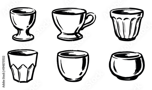 Set of six hand-drawn sketch-style illustrations depicting various types of drinking cups and glasses.