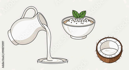 A pitcher pours milk into a bowl with chia seeds and a coconut nearby on a table.