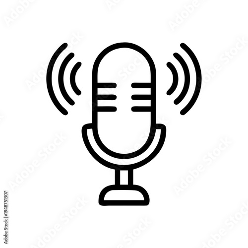 A classic vintage style studio microphone icon with sound waves broadcasting a live audio signal