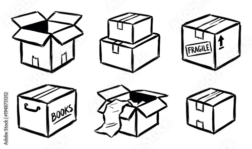 Collection of hand-drawn black and white cardboard boxes, depicting various states of packaging, moving, and storage.