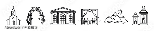 Collection of outline icons representing various event venues, travel destinations, and decorative elements for celebrations and special occasions.