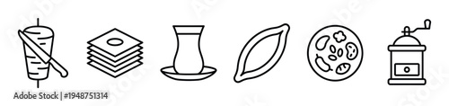 Set of outline icons illustrating traditional Middle Eastern cuisine and beverages, including kebab, baklava, tea, flatbread, and a coffee grinder.