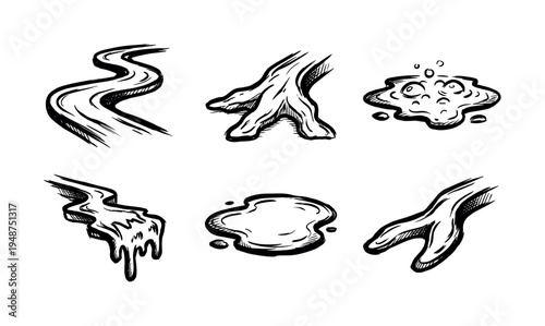 Abstract hand-drawn ink illustrations depicting various organic shapes of flowing liquid, mud, or goo with textured details.
