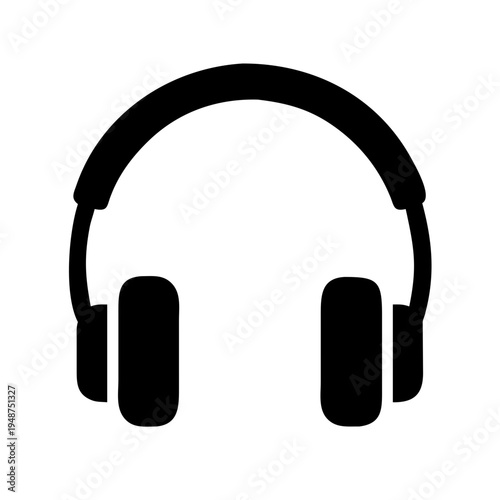 A minimalist black silhouette icon representing a pair of over ear stereo headphones for listening