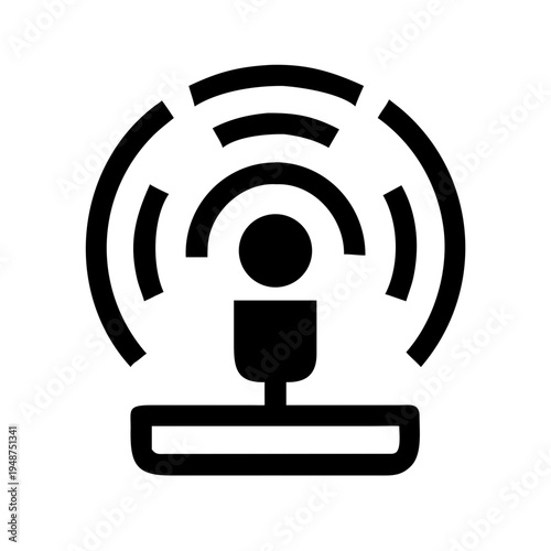 A minimalist black icon representing a microphone emitting radio frequency signal broadcast waves